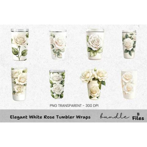 Elegant White Rose Tumbler Clipart Bundle