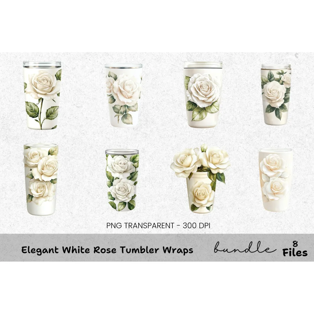 Elegant White Rose Tumbler Clipart Bundle