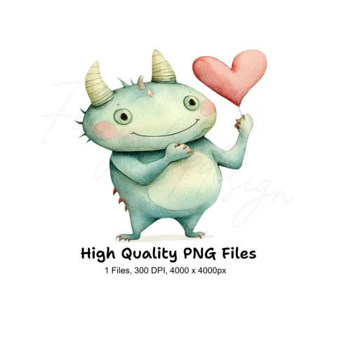 Cute Green Monster with Heart Clipart Bundle