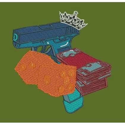 Crowned Firearm with Currency and Dice Composition Embroidery Design
