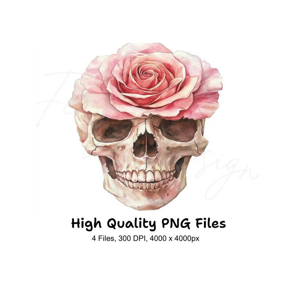 Skulls with Pink Roses Clipart Bundle