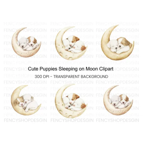 Sleeping Puppies on Moon Clipart Bundle