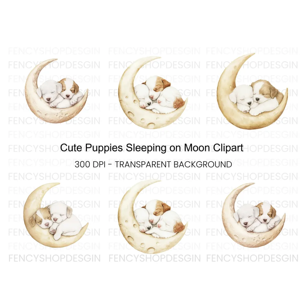 Sleeping Puppies on Moon Clipart Bundle
