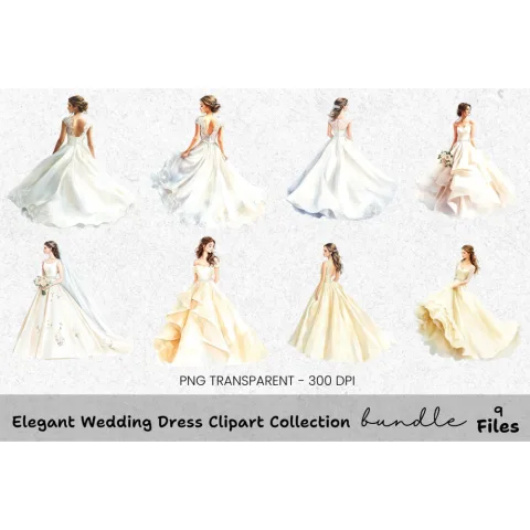 Elegant Wedding Dress Clipart Bundle
