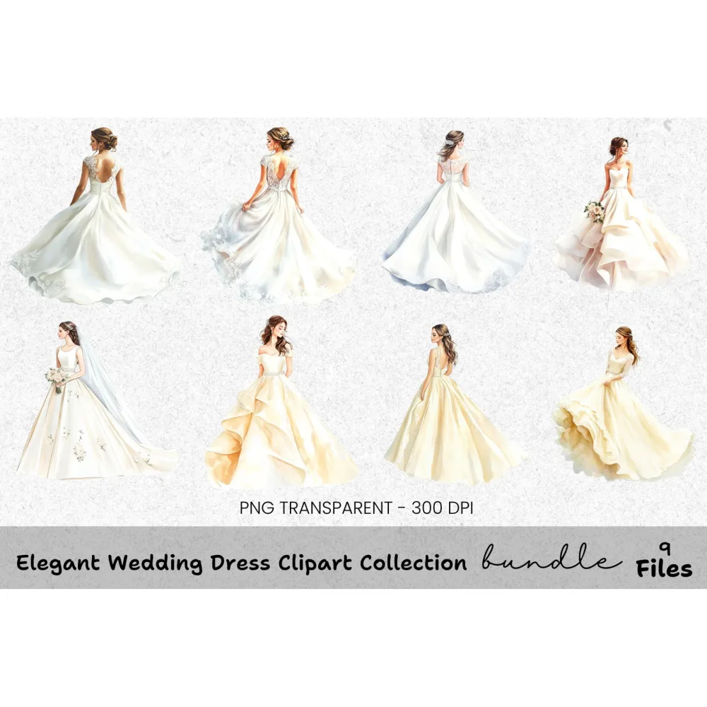 Elegant Wedding Dress Clipart Bundle