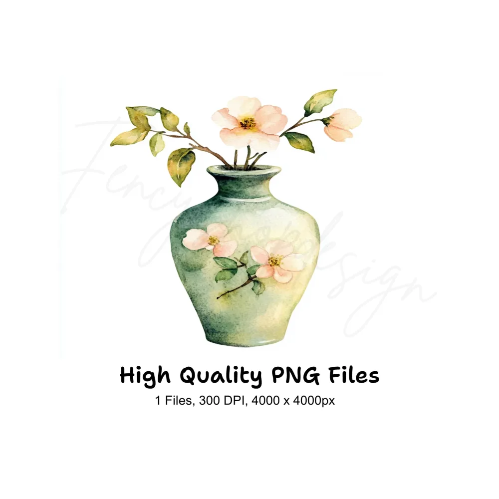 Green Vase Cherry Blossom Clipart Bundle