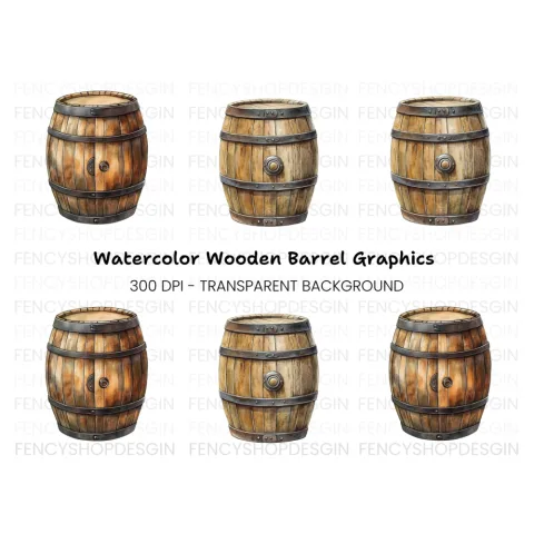 Rustic Wooden Barrels Clipart Bundle