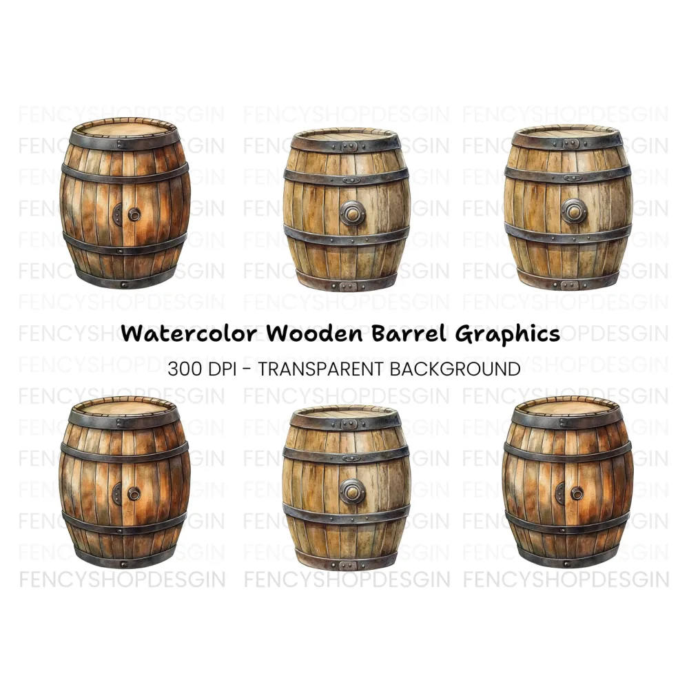 Rustic Wooden Barrels Clipart Bundle