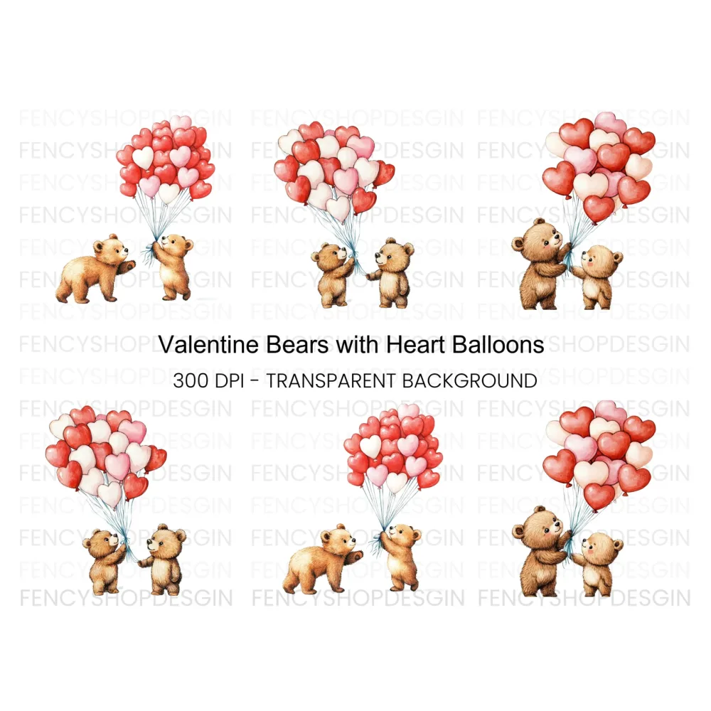 Cute Bears with Heart Balloons Clipart Bundle