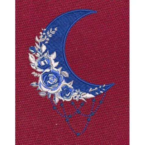 Blue Floral Crescent Moon Embroidery Design