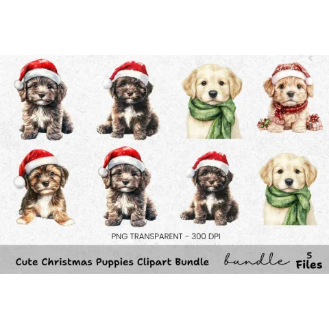 Cute Christmas Puppies Clipart Bundle