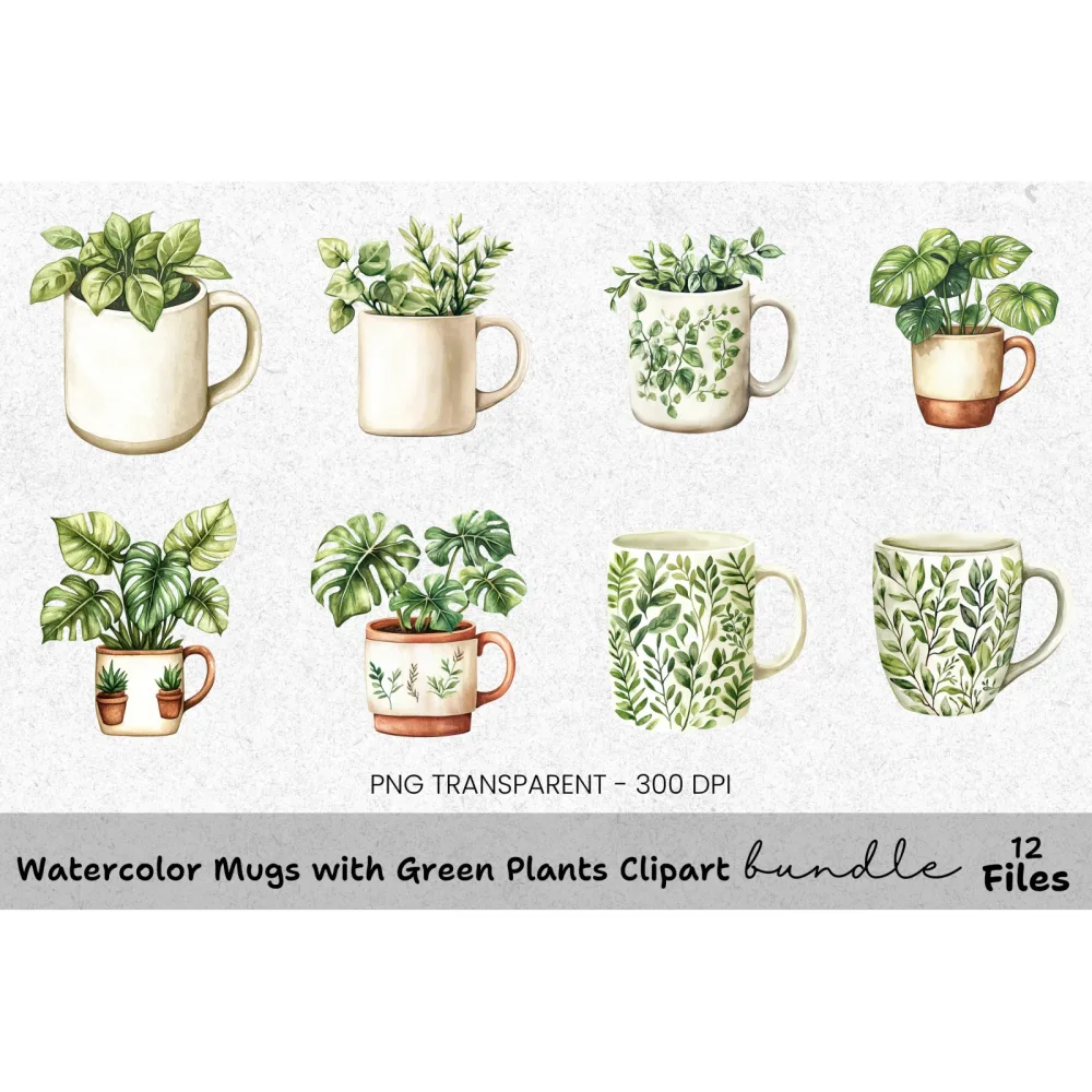 Green Plants Mugs Clipart Bundle