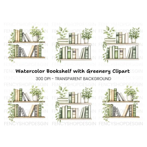 Bookshelf with Green Plants Clipart Bundle