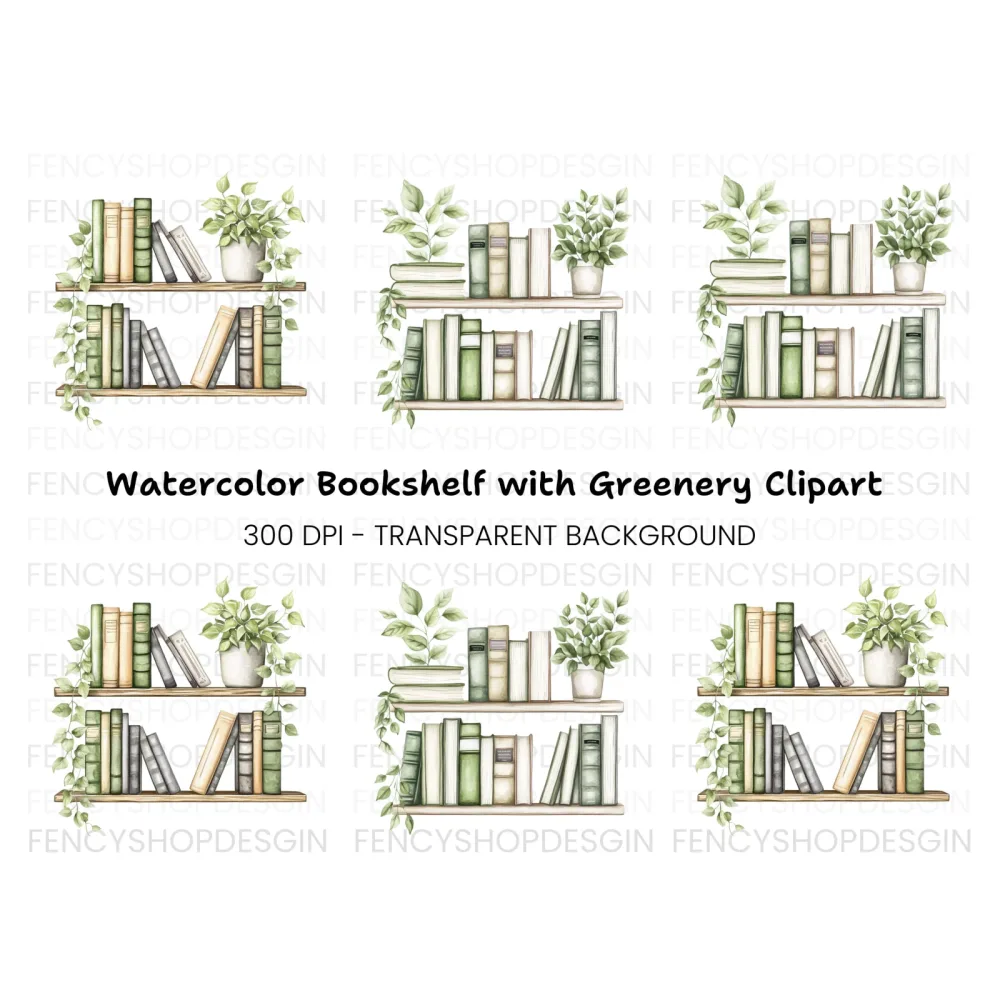 Bookshelf with Green Plants Clipart Bundle