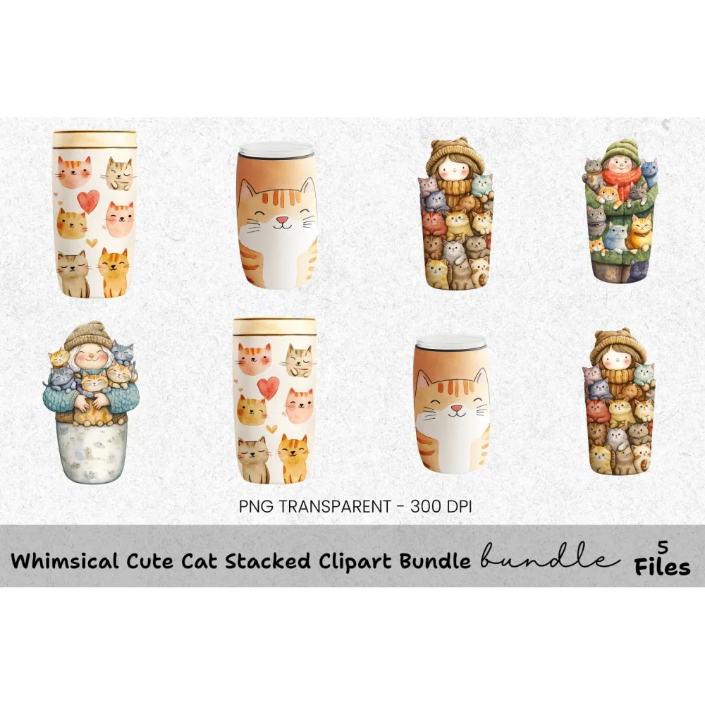 Whimsical Cute Cat Stacked Clipart Bundle