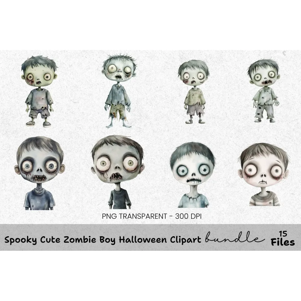 Spooky Cute Zombie Boy Halloween Clipart Bundle