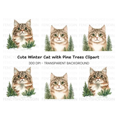Winter Cats and Pine Trees Clipart Bundle
