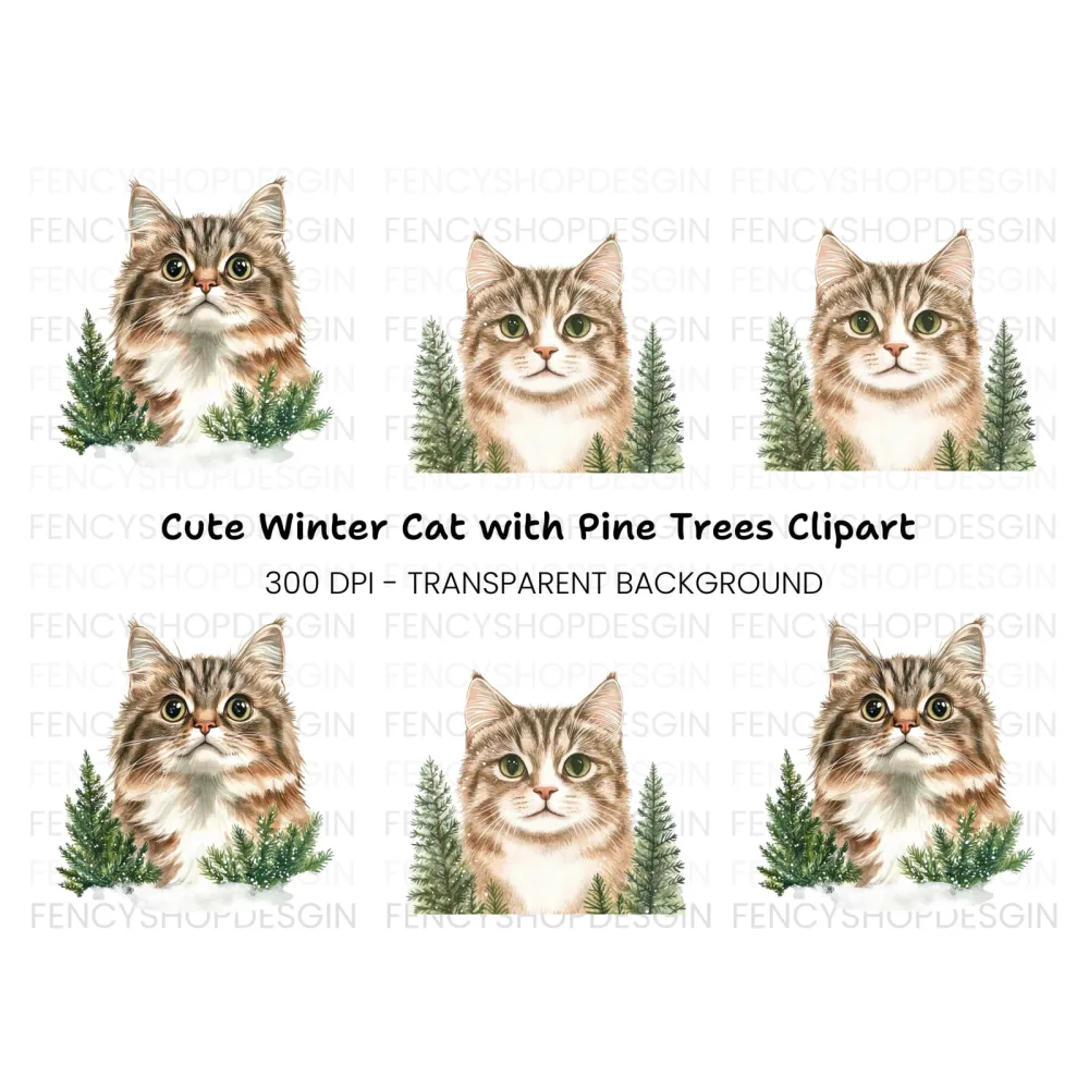 Winter Cats and Pine Trees Clipart Bundle