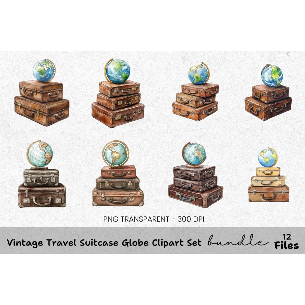 Vintage Travel Suitcase Globe Clipart Bundle