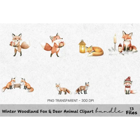 Cute Fox Winter Christmas Clipart Bundle