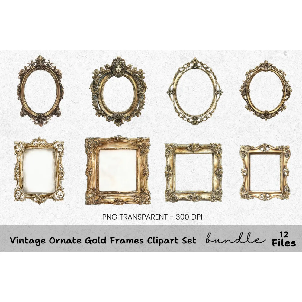 Vintage Ornate Gold Frames Clipart Bundle