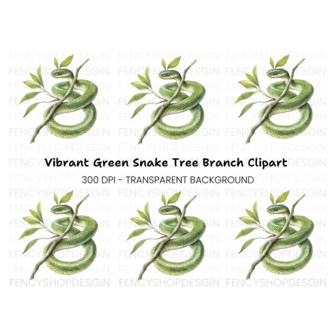 Vibrant Green Snake on Tree Branch Clipart Bundle
