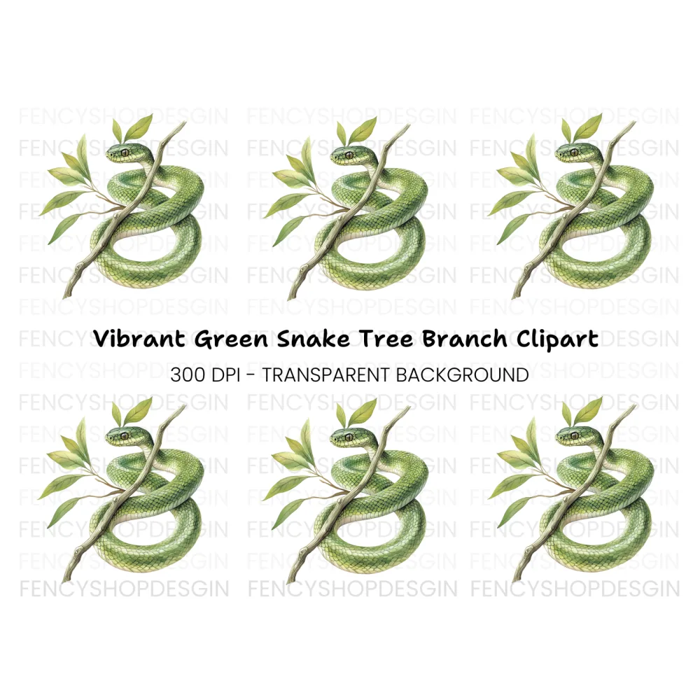 Vibrant Green Snake on Tree Branch Clipart Bundle