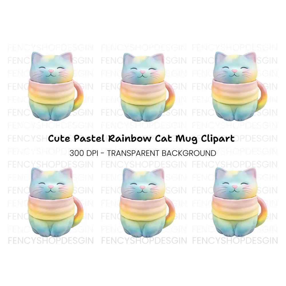 Cute Pastel Rainbow Cat Clipart Bundle