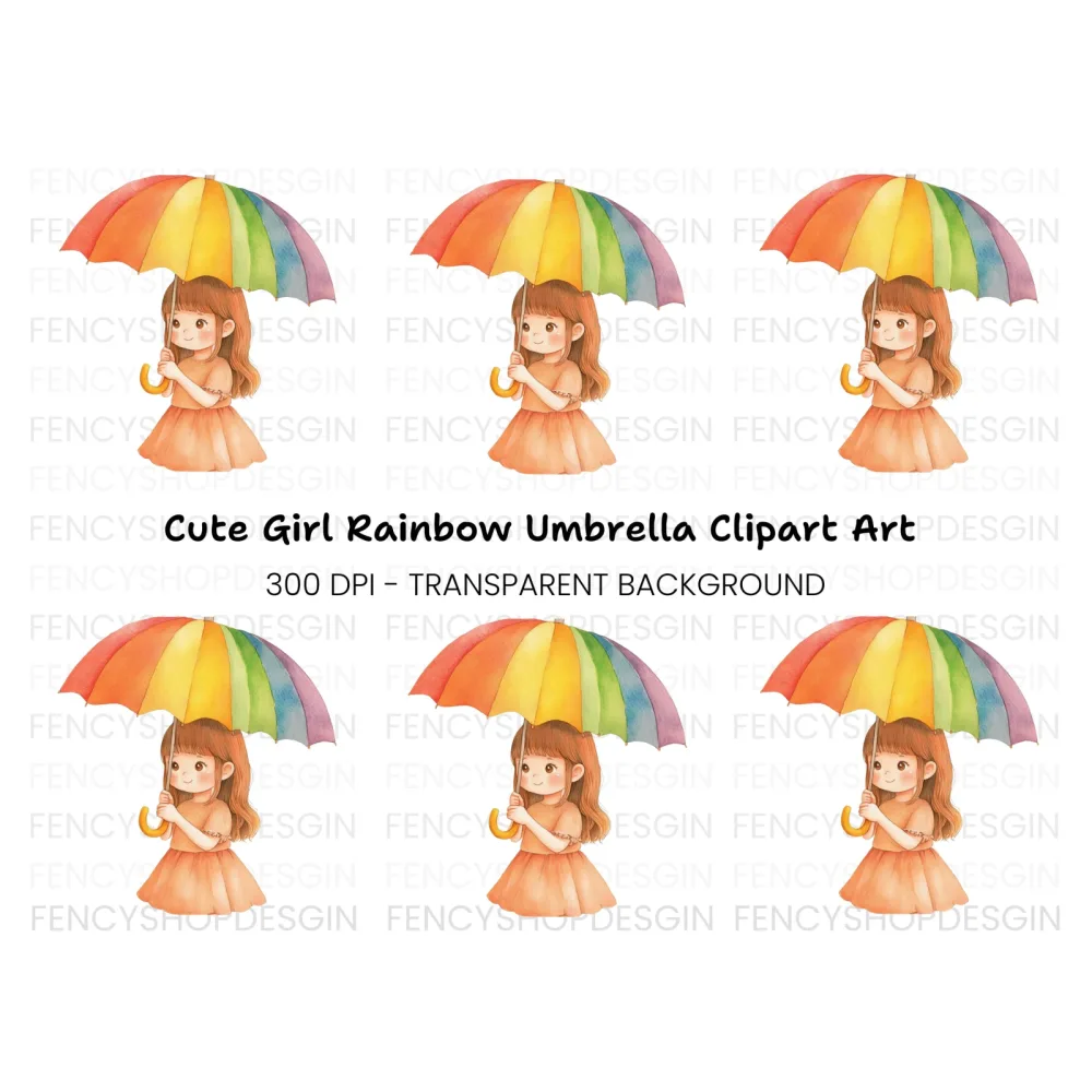 Cute Girl with Rainbow Umbrella Clipart Bundle