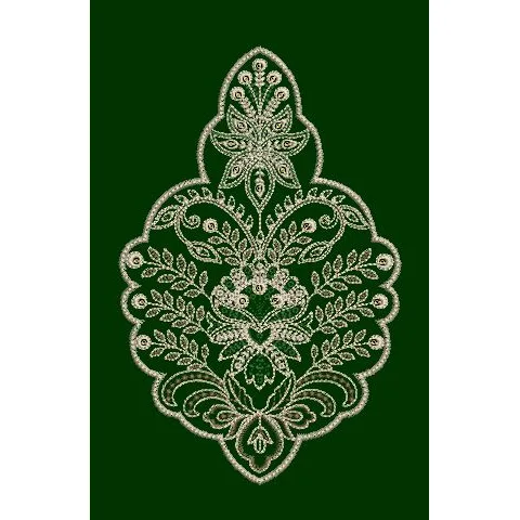 Emerald Mughal Floral Medallion Motif Dark Green & Silver Embroidery Design