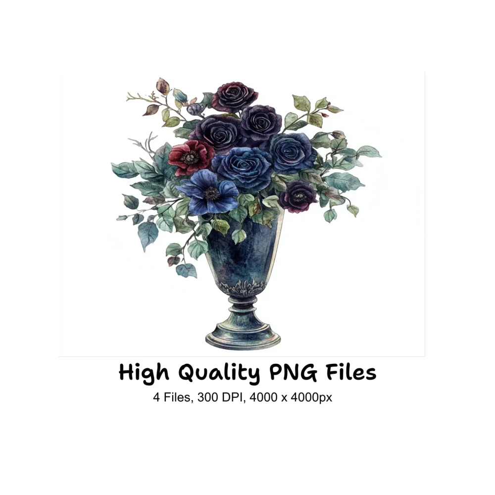 Gothic Blue Rose Vase Clipart Bundle