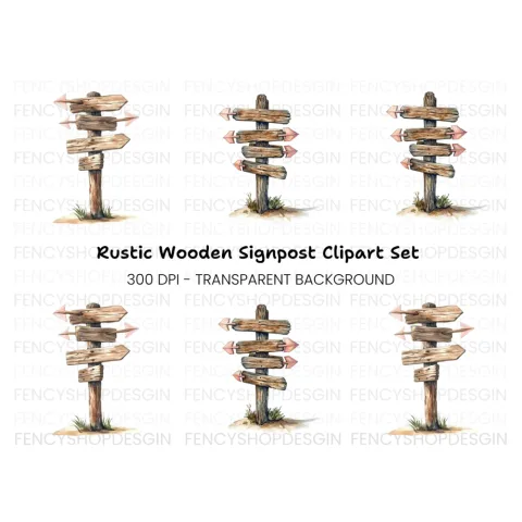 Wooden Directional Signs Clipart Bundle