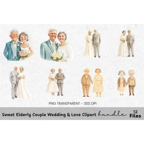 Sweet Elderly Couple Wedding Love Clipart Bundle