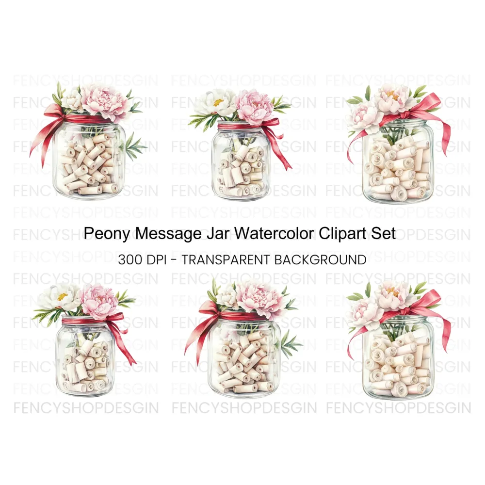 Peony and Message Jar Clipart Bundle
