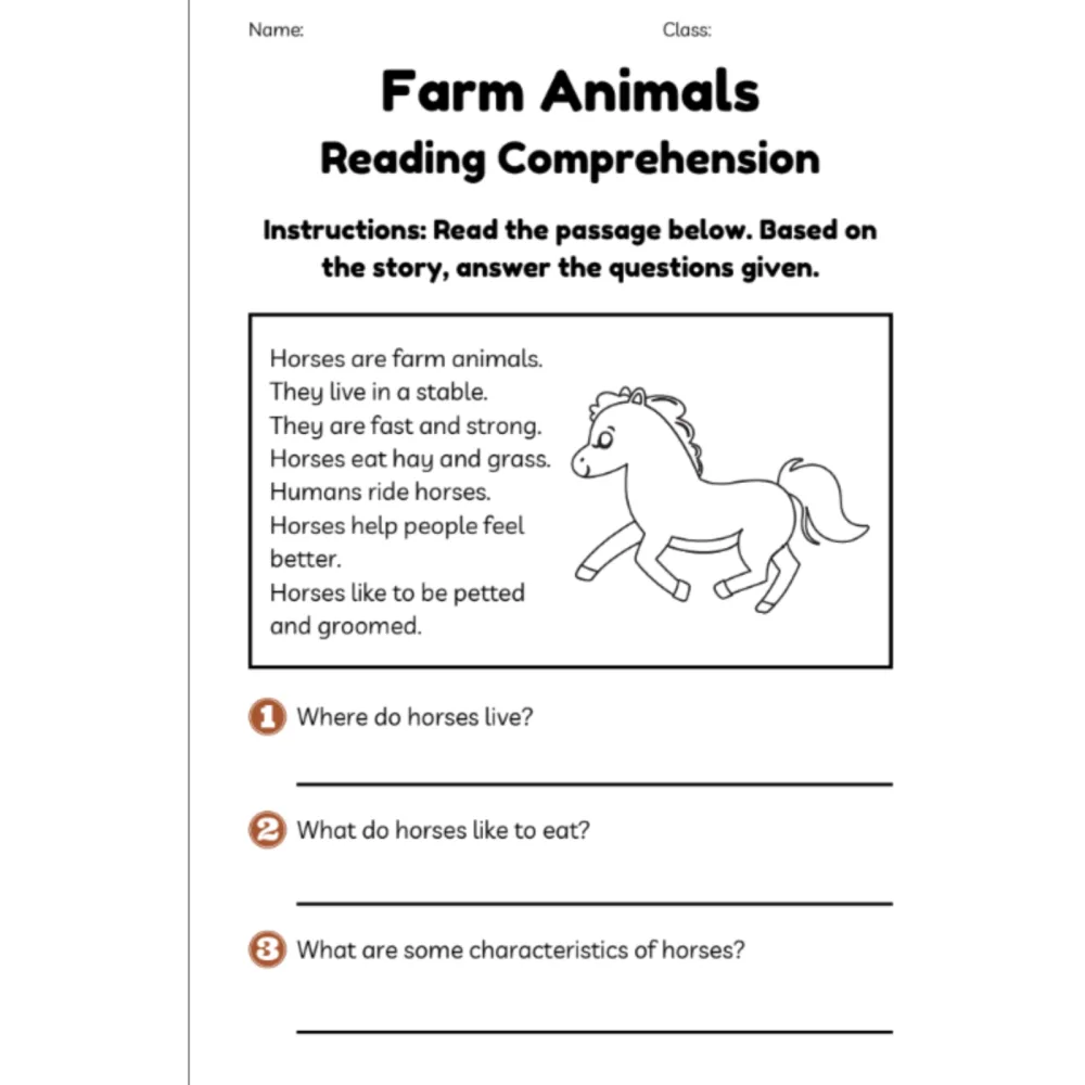 Farm Animals Reading Comprehension Worksheets