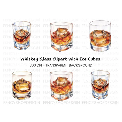 Whiskey Glasses with Ice Clipart Bundle