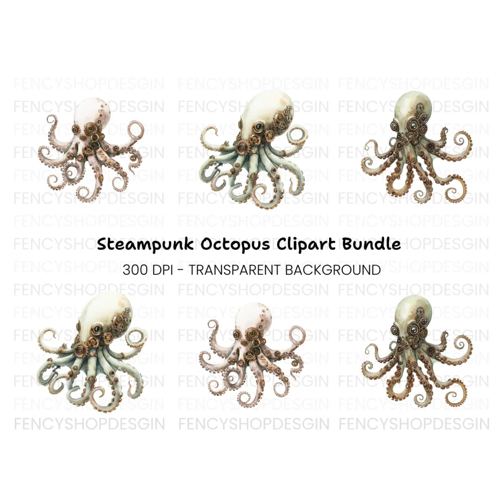 White Steampunk Octopus Clipart Bundle