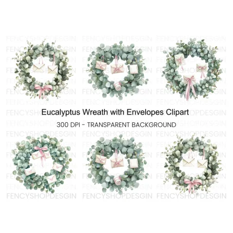 Eucalyptus Wreaths with Envelopes Clipart Bundle