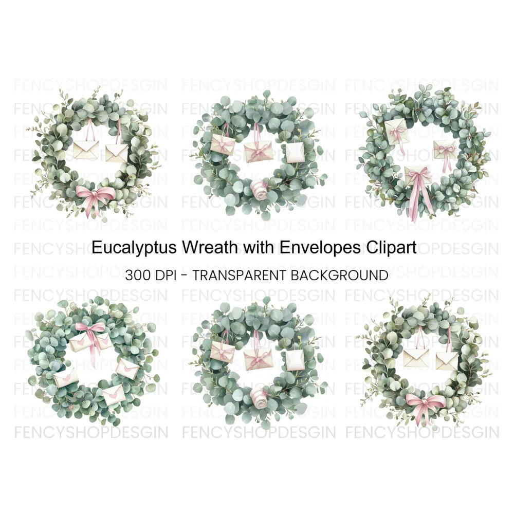 Eucalyptus Wreaths with Envelopes Clipart Bundle