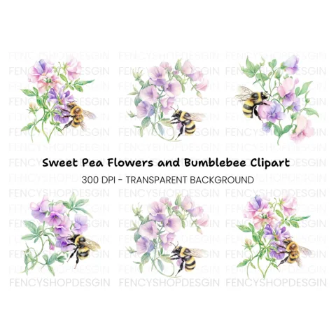 Sweet Pea Flowers with Bumblebees Clipart Bundle