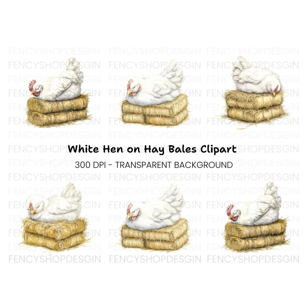 Sleeping White Chickens on Hay Bales Clipart Bundle