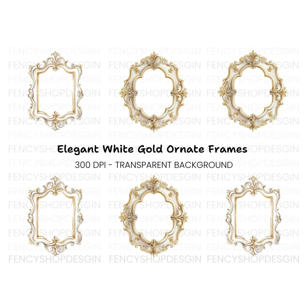Elegant Gold White Ornate Frames Clipart Bundle