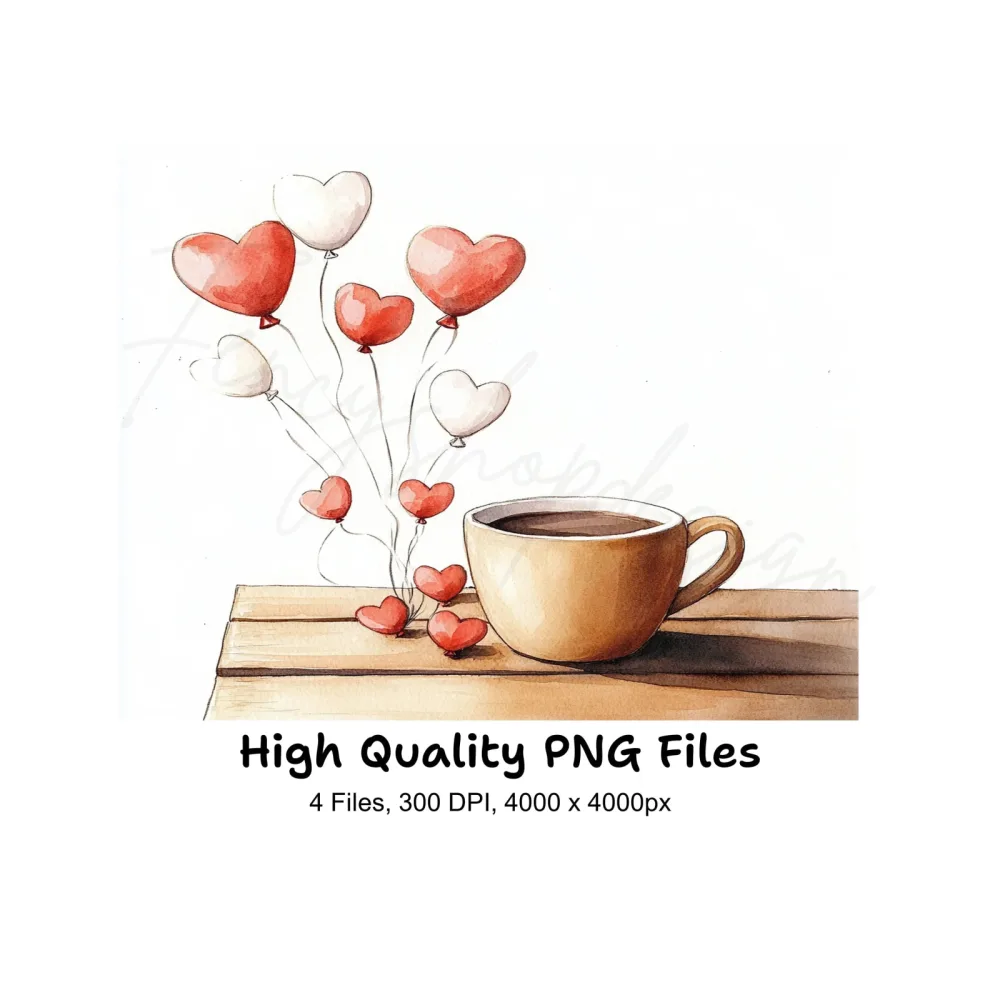 Coffee Cup Heart Balloons Clipart Bundle