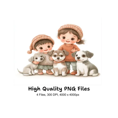 Cute Kids and Puppies Winter Clipart Bundle