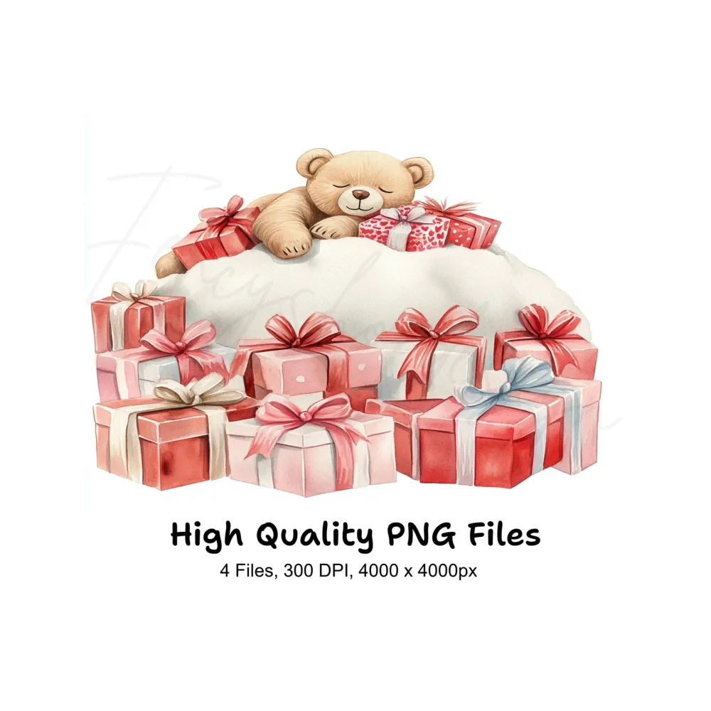 Sleeping Teddy Bear on Gift Pile Clipart Bundle