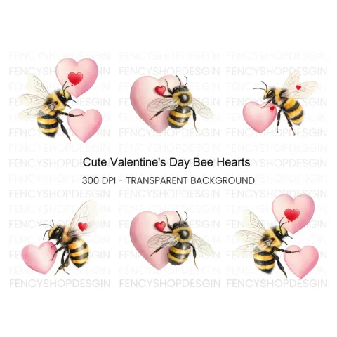 Cute Bumble Bees with Pink Hearts Clipart Bundle