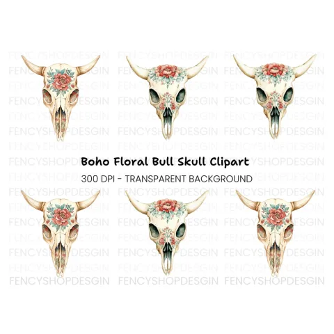 Boho Floral Skulls Clipart Bundle