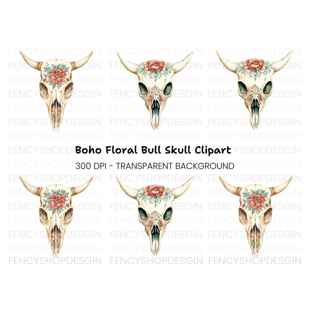 Boho Floral Skulls Clipart Bundle