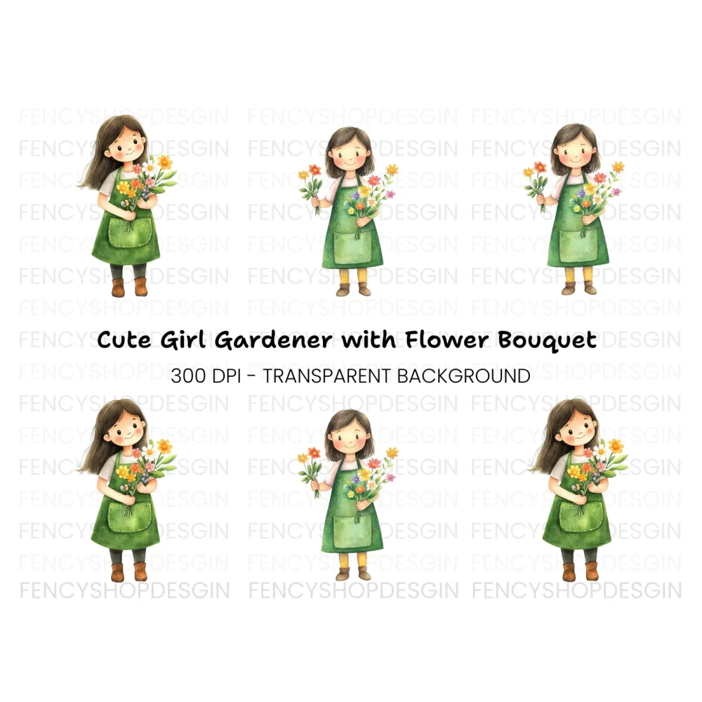 Cute Girls with Flower Bouquets Clipart Bundle