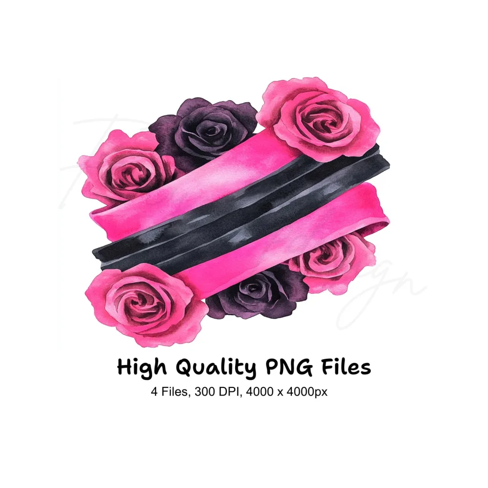 Pink and Black Rose Ribbon Clipart Bundle